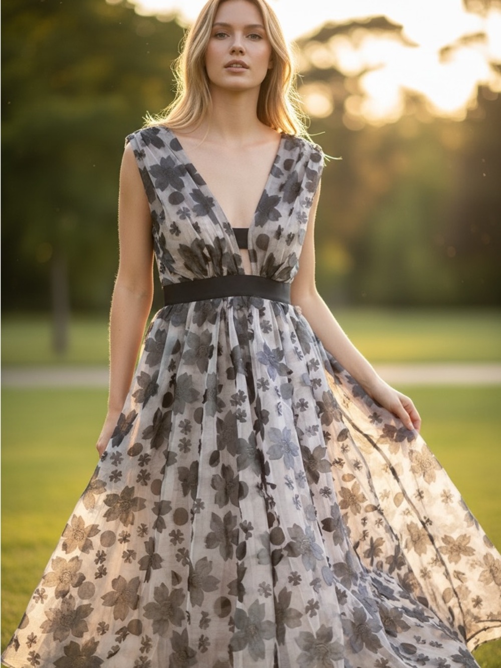Anthropologie Sheer Floral V-Neck Maxi Dress in Gray and Black